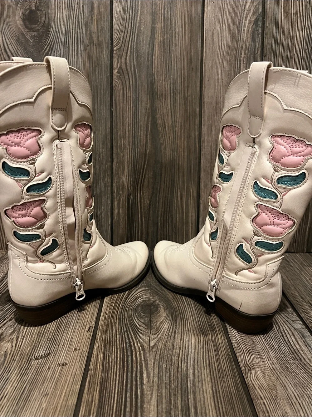 Source Unknown Cream Kids Western Boots with Pink & Teal Floral Appliqué